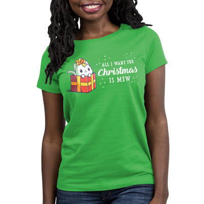 Premium Cotton T-shirt_TeeTurtle All I want for Christmas is Mew apple apparel featuring a white cat dressed up as a Christmas present with a pun next to it.
