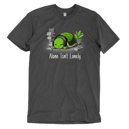 Premium Cotton T-shirt_TeeTurtle Alone Isn't Lonely charcoal gray t-shirt featuring a comfy-looking turtle with headphones laying by a plant, books, a cat, and video game items.