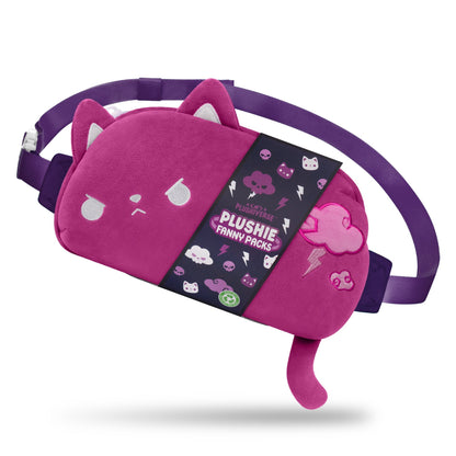 A pink, cat-shaped Plushiverse Thunder Paws Plushie Fanny Pack with a purple adjustable belt, featuring various cute cat and cloud designs. The label "TeeTurtle" is attached, offering hands-free functionality and playful style.