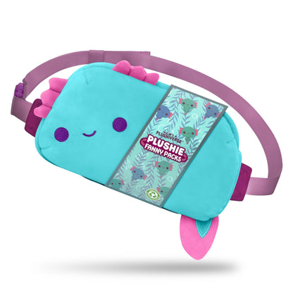 Part of the Kawaii Cuties collection, this teal Plushiverse Alotl Fun Plushie Fanny Pack by TeeTurtle boasts pink and purple accents, a cute smiling face, and a leafy pattern on the front label. The Plushiverse Alotl Fun Plushie Fanny Pack includes an adjustable belt with a purple strap for a perfect fit.