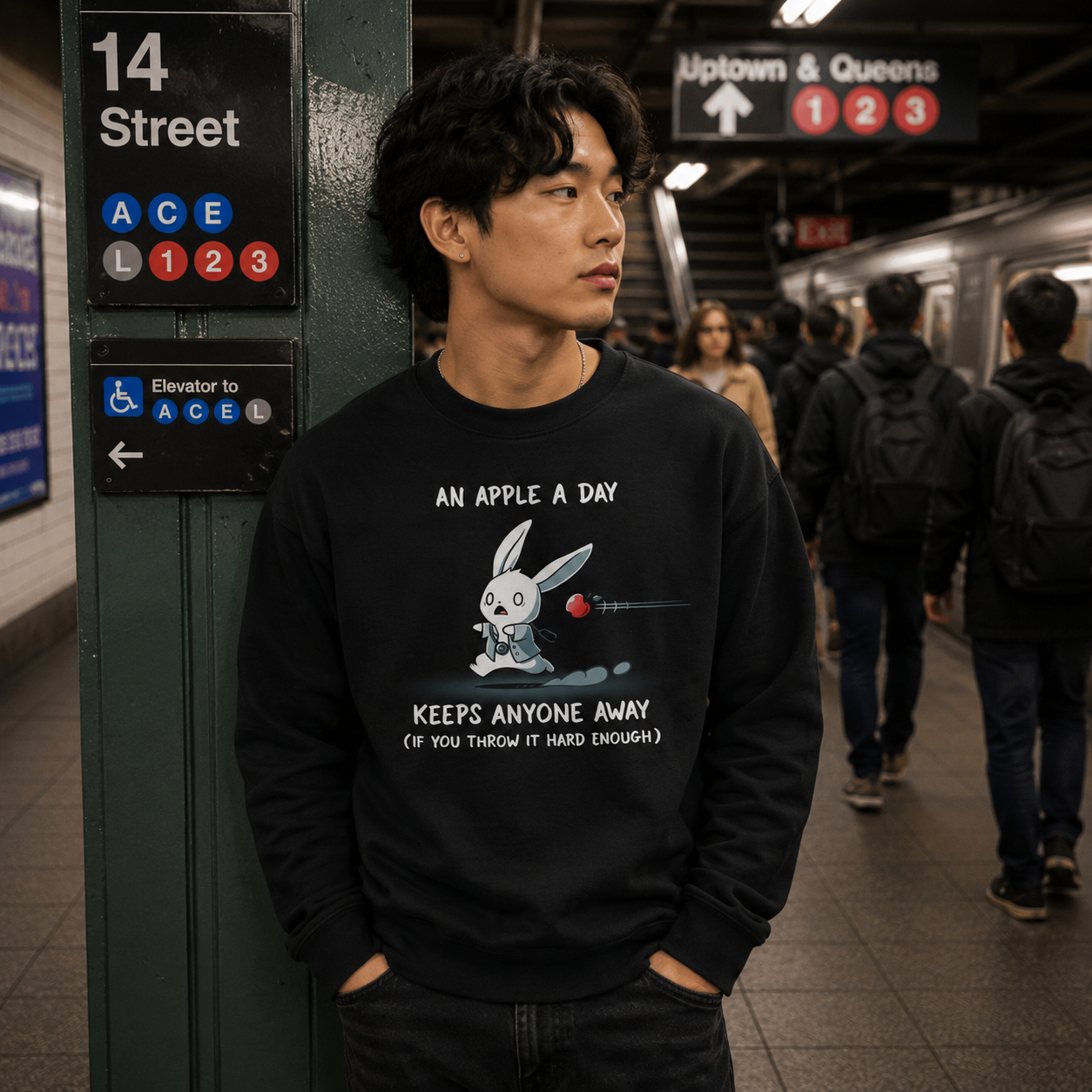 Crew Neck Sweatshirt_TeeTurtle black An Apple A Day Keeps Anyone Away featuring a rabbit, dressed in a doctor uniform, running away from a flying apple. Text above reads, "an apple a day keeps anyone away," and below, "(if you throw it hard enough)."