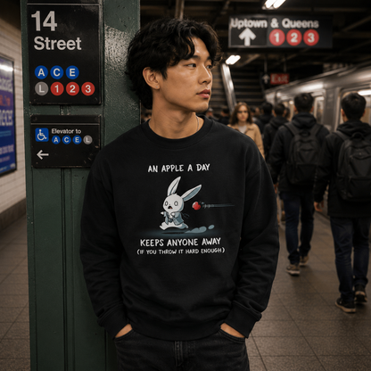 Crew Neck Sweatshirt_TeeTurtle black An Apple A Day Keeps Anyone Away featuring a rabbit, dressed in a doctor uniform, running away from a flying apple. Text above reads, "an apple a day keeps anyone away," and below, "(if you throw it hard enough)."