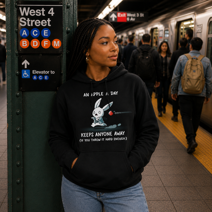 Pullover Hoodie_TeeTurtle black An Apple A Day Keeps Anyone Away featuring a rabbit, dressed in a doctor uniform, running away from a flying apple. Text above reads, "an apple a day keeps anyone away," and below, "(if you throw it hard enough)."