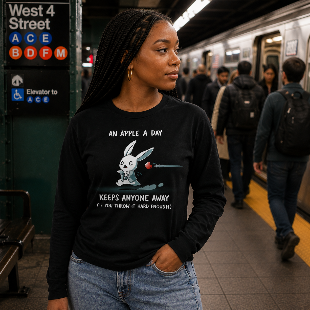 Long Sleeve T-shirt_TeeTurtle black An Apple A Day Keeps Anyone Away featuring a rabbit, dressed in a doctor uniform, running away from a flying apple. Text above reads, "an apple a day keeps anyone away," and below, "(if you throw it hard enough)."