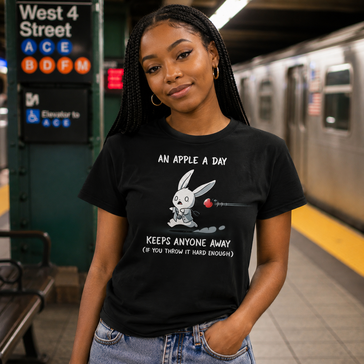 Premium Cotton T-shirt_TeeTurtle black An Apple A Day Keeps Anyone Away featuring a rabbit, dressed in a doctor uniform, running away from a flying apple. Text above reads, "an apple a day keeps anyone away," and below, "(if you throw it hard enough)."