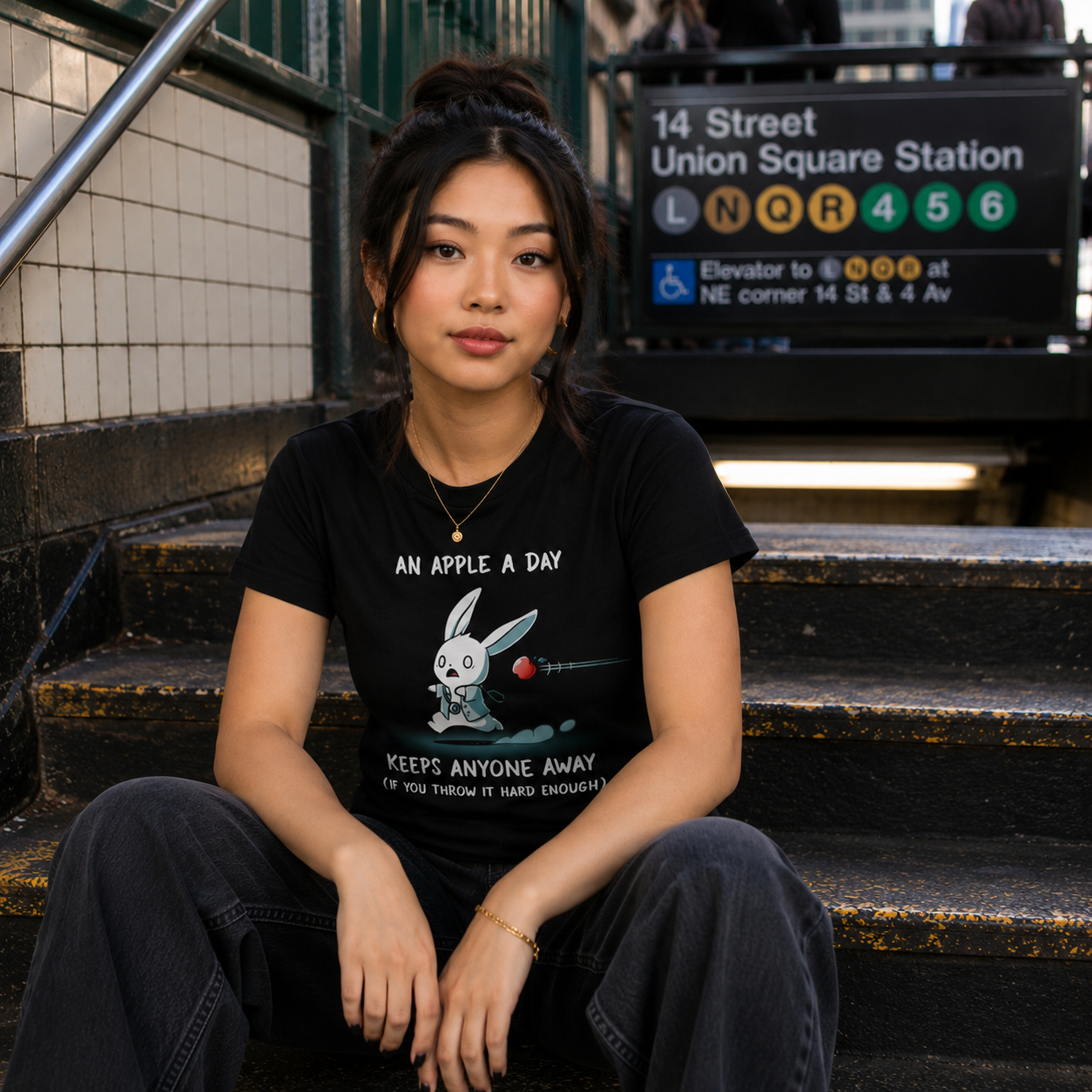 Premium Cotton T-shirt_TeeTurtle black An Apple A Day Keeps Anyone Away featuring a rabbit, dressed in a doctor uniform, running away from a flying apple. Text above reads, "an apple a day keeps anyone away," and below, "(if you throw it hard enough)."