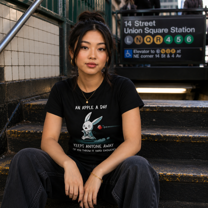 Premium Cotton T-shirt_TeeTurtle black An Apple A Day Keeps Anyone Away featuring a rabbit, dressed in a doctor uniform, running away from a flying apple. Text above reads, "an apple a day keeps anyone away," and below, "(if you throw it hard enough)."