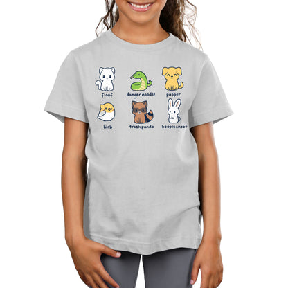 A girl wearing a grey t-shirt with Animal Names from TeeTurtle on it.