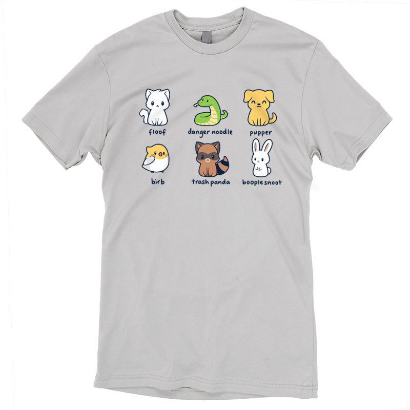 A TeeTurtle silver t-shirt featuring the Animal Names.