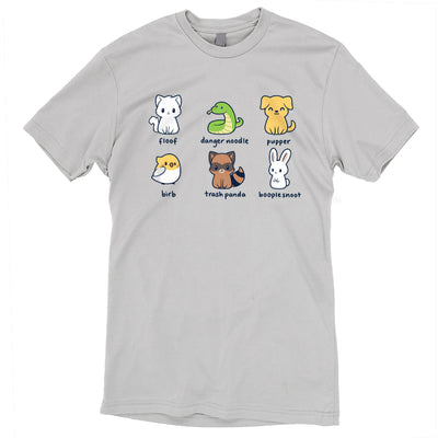 Premium Cotton T-shirt_TeeTurtle silver gray Animal Names featuring an illustrationof six quirky animals labeled with playful names: floof (cat), danger noodle (snake), pupper (dog), birb (bird), trash panda (raccoon), and booplesnoot (rabbit).
