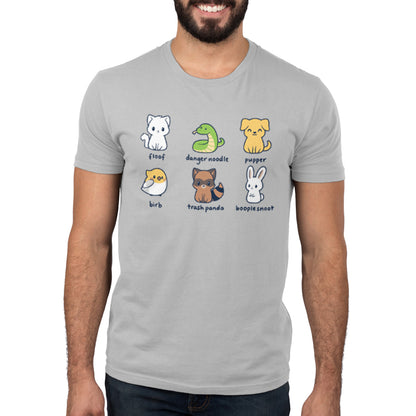 A man wearing a grey Animal Names t-shirt with different animals on it from TeeTurtle.