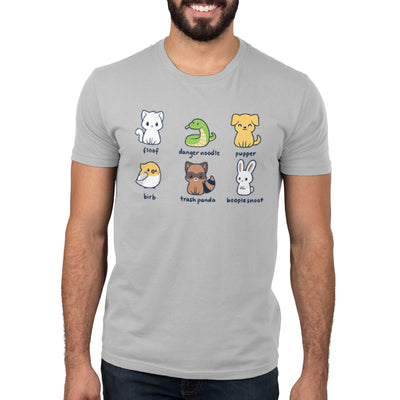 Premium Cotton T-shirt_TeeTurtle silver gray Animal Names featuring an illustrationof six quirky animals labeled with playful names: floof (cat), danger noodle (snake), pupper (dog), birb (bird), trash panda (raccoon), and booplesnoot (rabbit).