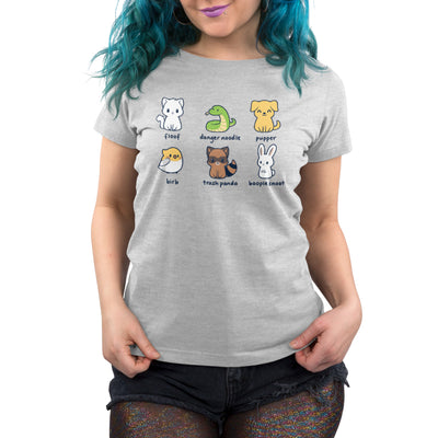 Premium Cotton T-shirt_TeeTurtle silver gray Animal Names featuring an illustrationof six quirky animals labeled with playful names: floof (cat), danger noodle (snake), pupper (dog), birb (bird), trash panda (raccoon), and booplesnoot (rabbit).