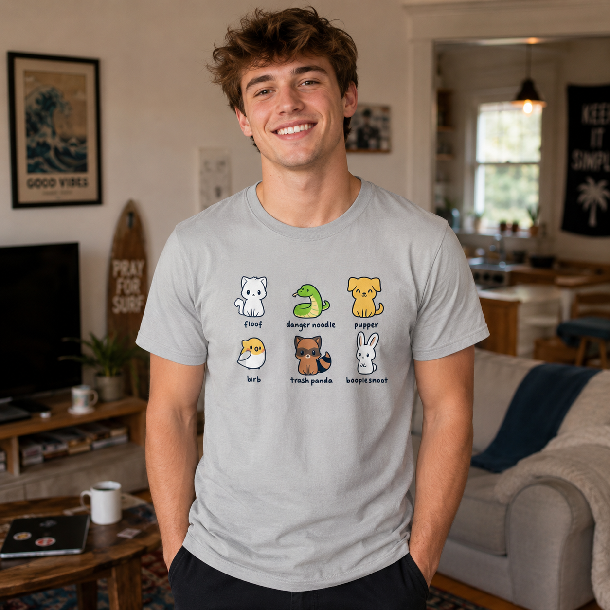 Premium Cotton T-shirt_TeeTurtle silver gray Animal Names featuring an illustrationof six quirky animals labeled with playful names: floof (cat), danger noodle (snake), pupper (dog), birb (bird), trash panda (raccoon), and booplesnoot (rabbit).