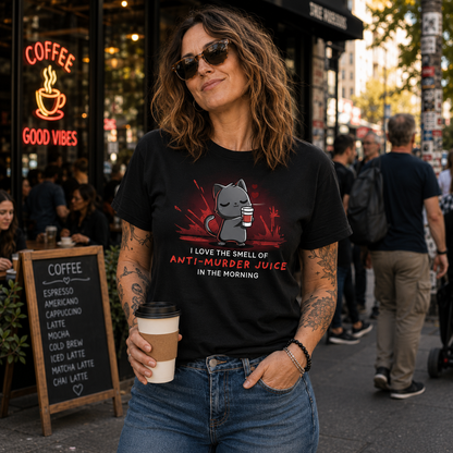 Premium Cotton T-shirt_TeeTurtle Anti-Murder Juice black t-shirt featuring a cat holding a coffee lovingly with red splatters behind.