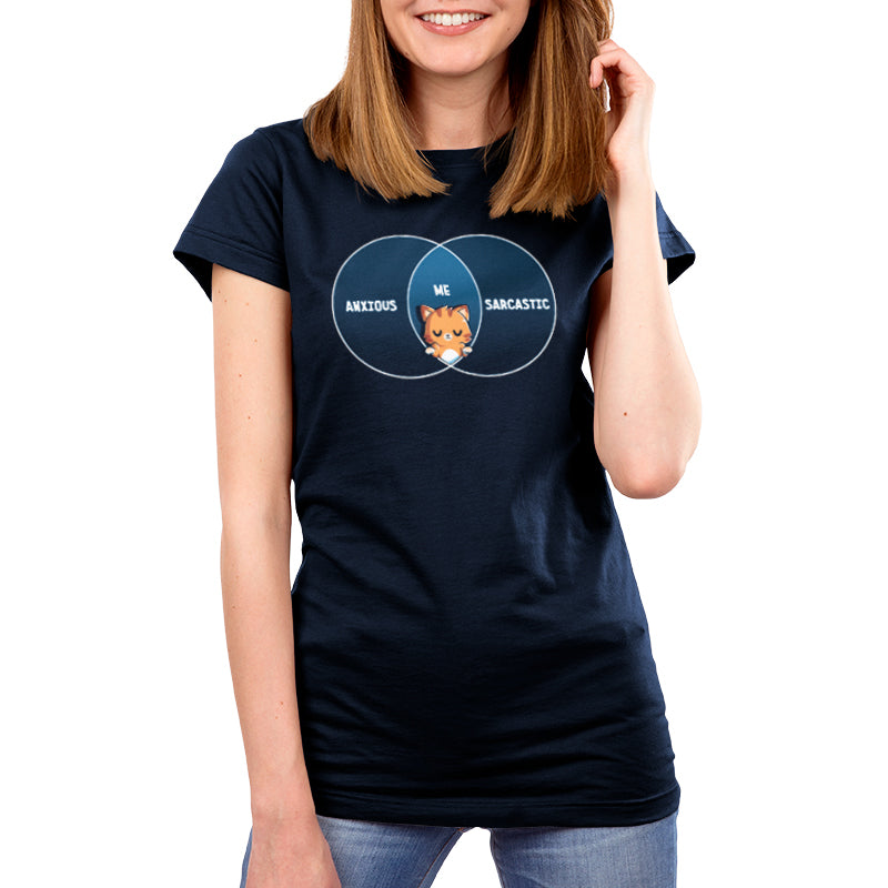 Premium Cotton T-shirt_TeeTurtle Anxious and Sarcastic navy blue t-shirt featuring a shrugging cartoon cat set in the middle of a diagram with 'Anxious' on one side and 'Sarcastic' on the other with 'Me' above its head in the middle.