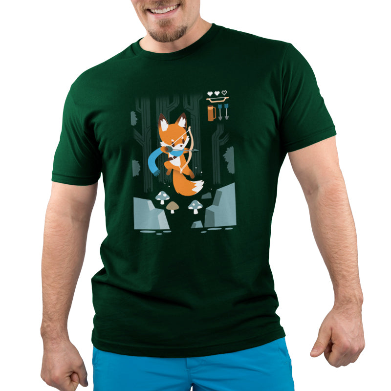 Premium Cotton T-shirt - A man wearing a TeeTurtle Archer Class apparel with an image of a fox, in forest green.