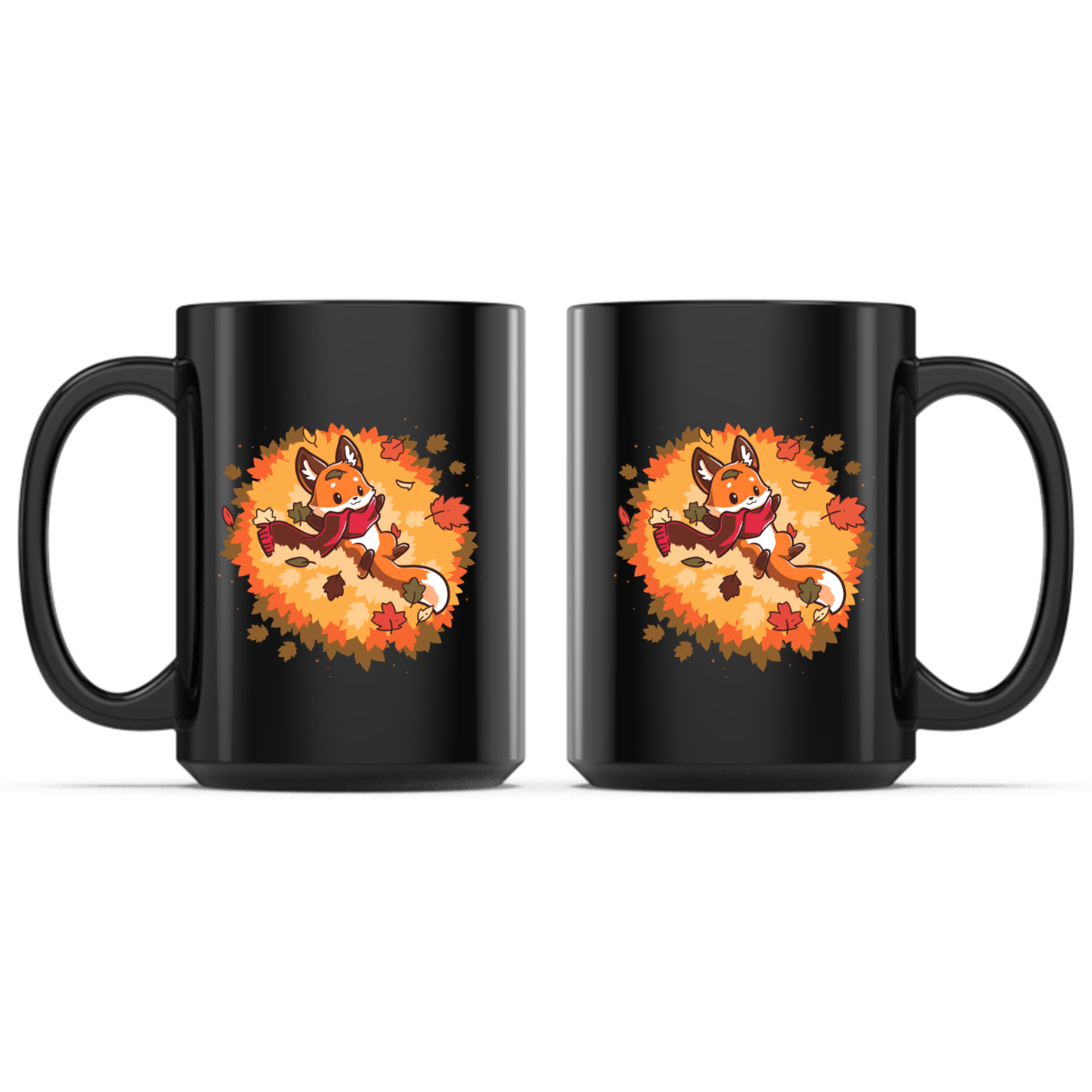Ceramic Mug_TeeTurtle Autumn Fox black mug featuring a smiling fox wearing a cozy scarf while relaxing in a pile of colorful autumn leaves with leaves gently falling all around.