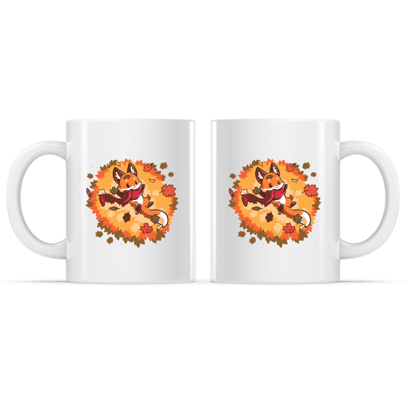 Ceramic Mug_TeeTurtle Autumn Fox white mug featuring a smiling fox wearing a cozy scarf while relaxing in a pile of colorful autumn leaves with leaves gently falling all around.