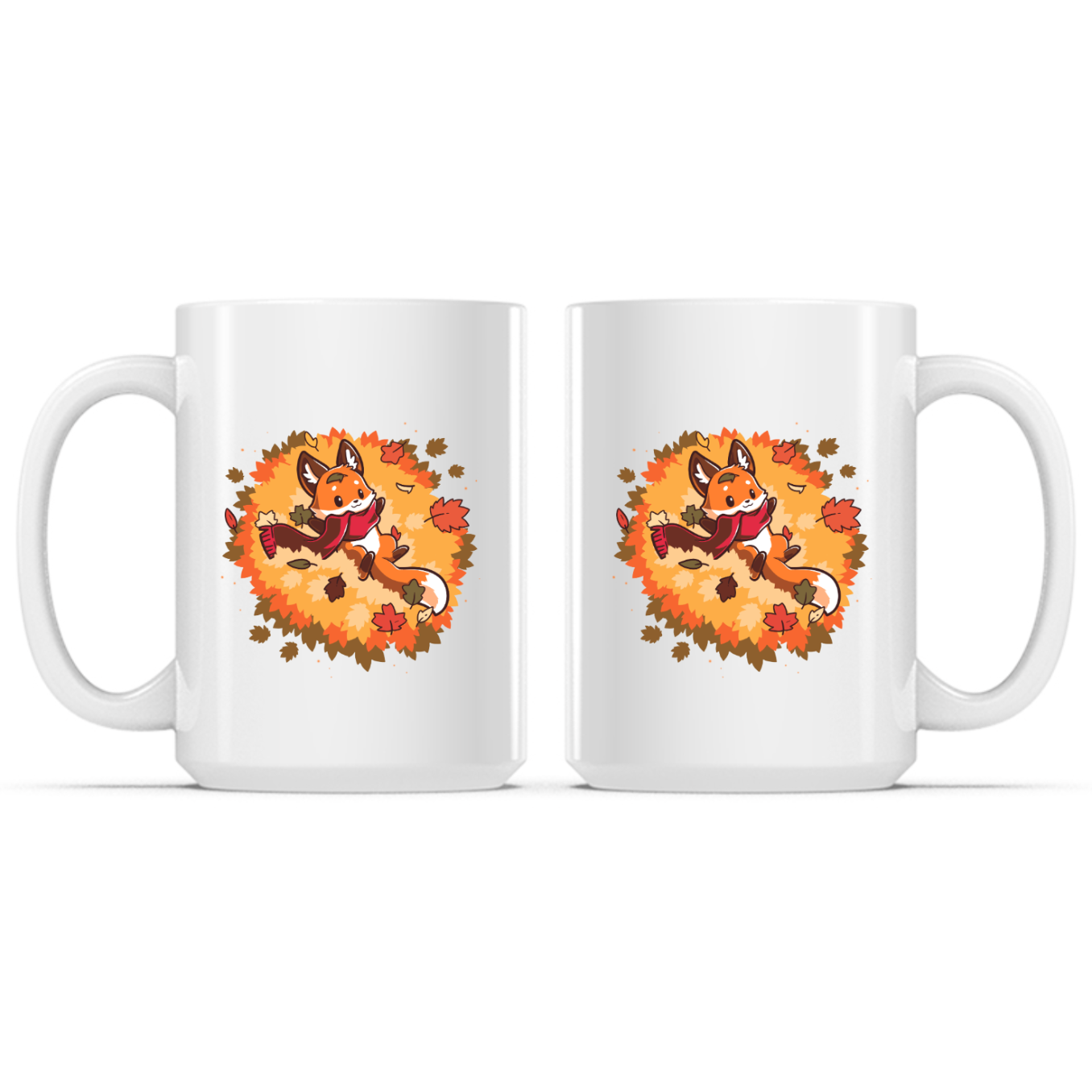 Ceramic Mug_TeeTurtle Autumn Fox white mug featuring a smiling fox wearing a cozy scarf while relaxing in a pile of colorful autumn leaves with leaves gently falling all around.
