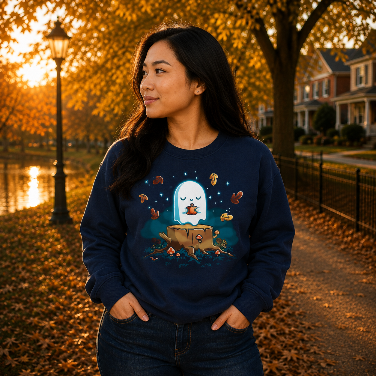 Crew Neck Sweatshirt_TeeTurtle navy Autumn Apparition Crew Neck Sweatshirt featuring a glowing ghost peacefully holding a pumpkin while floating above a tree stump surrounded by mushrooms, wildflowers, falling autumn leaves, and twinkling stars in a whimsical nighttime forest.