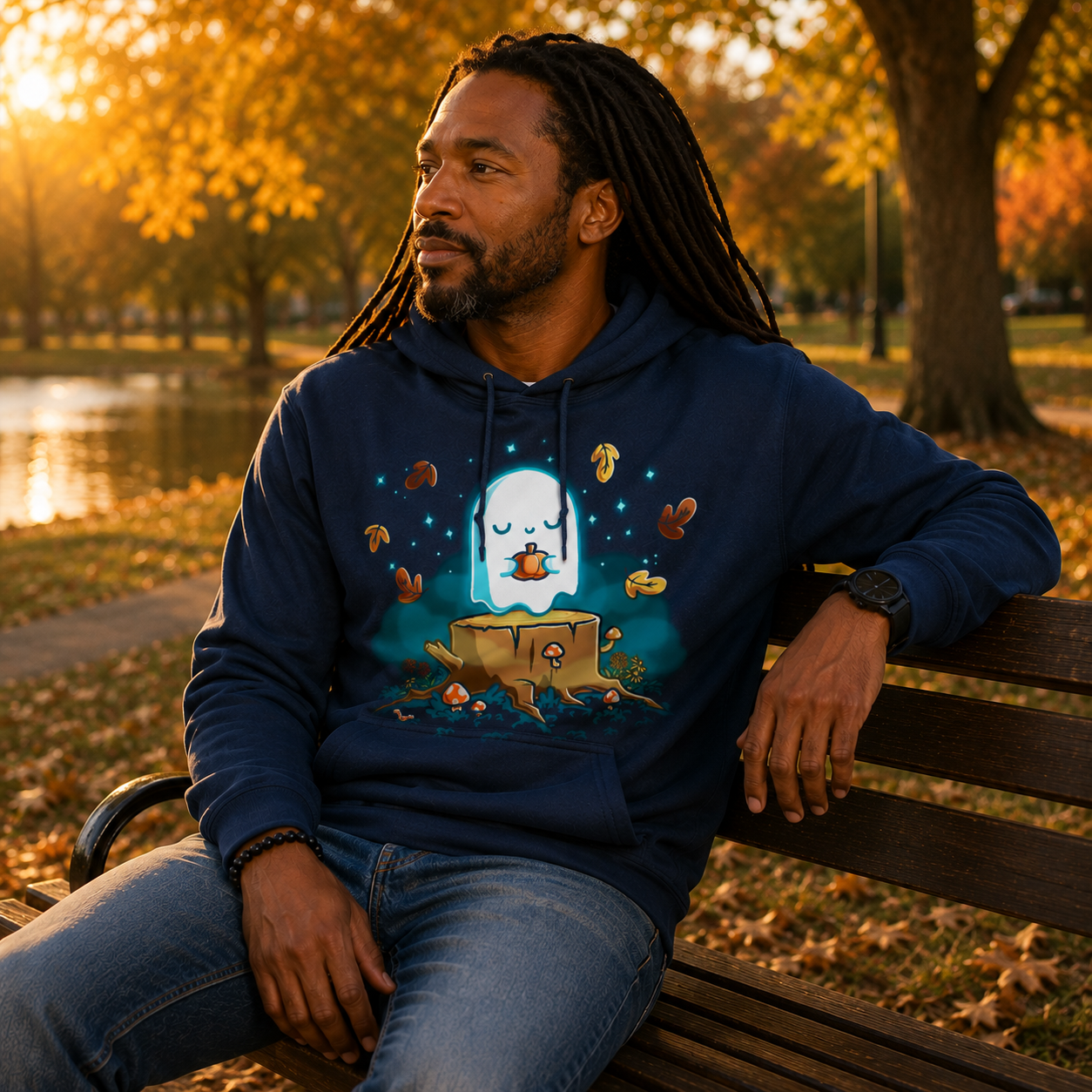 Pullover Hoodie_TeeTurtle navy Autumn Apparition Pullover Hoodie featuring a glowing ghost peacefully holding a pumpkin while floating above a tree stump surrounded by mushrooms, wildflowers, falling autumn leaves, and twinkling stars in a whimsical nighttime forest.