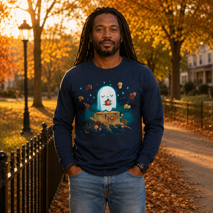 Long Sleeve T-shirt_TeeTurtle navy Autumn Apparition Long Sleeve T-shirt featuring a glowing ghost peacefully holding a pumpkin while floating above a tree stump surrounded by mushrooms, wildflowers, falling autumn leaves, and twinkling stars in a whimsical nighttime forest.