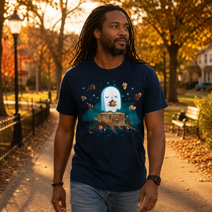 Premium Cotton T-shirt_TeeTurtle navy Autumn Apparition Premium Cotton T-shirt featuring a glowing ghost peacefully holding a pumpkin while floating above a tree stump surrounded by mushrooms, wildflowers, falling autumn leaves, and twinkling stars in a whimsical nighttime forest.