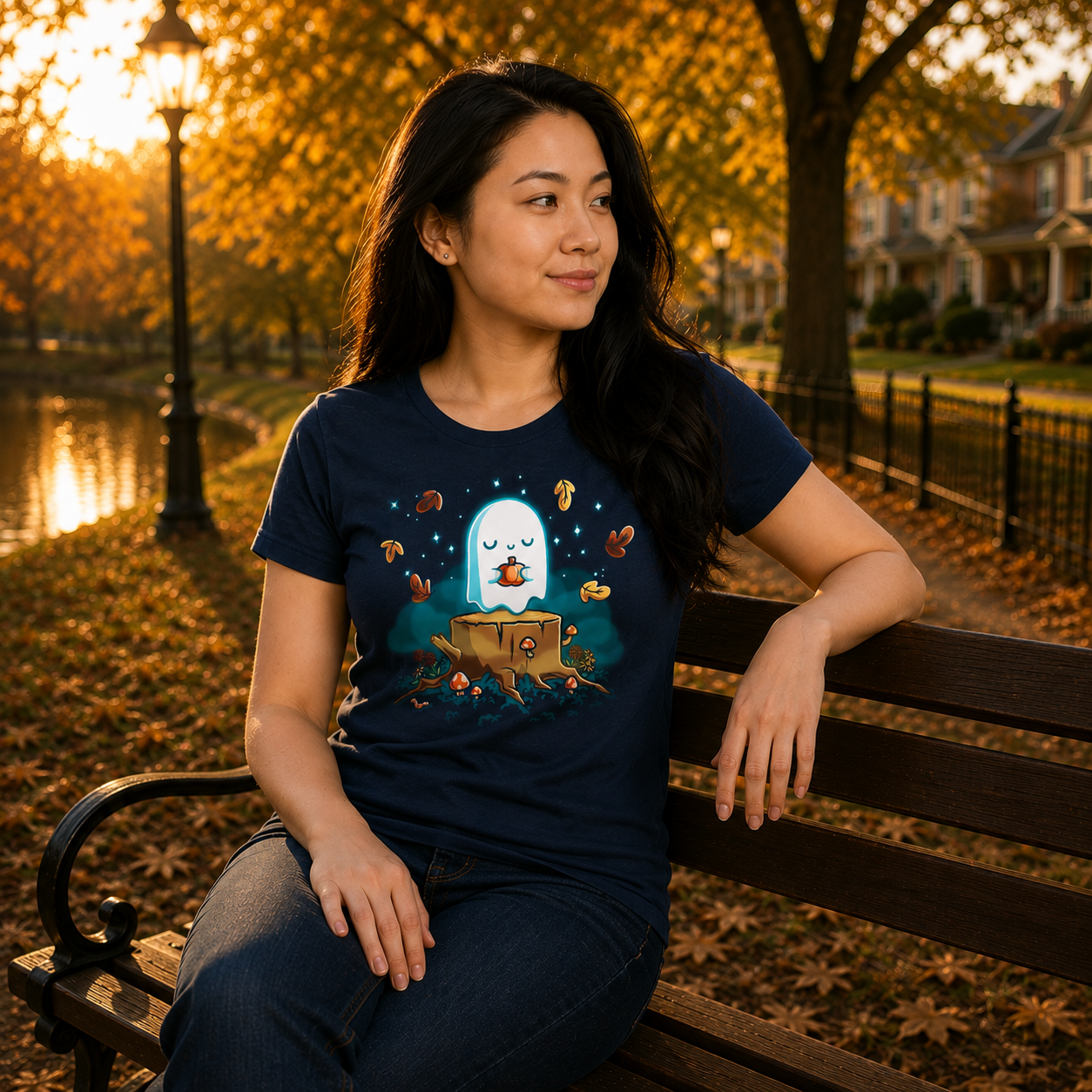 Premium Cotton T-shirt_TeeTurtle navy Autumn Apparition Premium Cotton T-shirt featuring a glowing ghost peacefully holding a pumpkin while floating above a tree stump surrounded by mushrooms, wildflowers, falling autumn leaves, and twinkling stars in a whimsical nighttime forest.