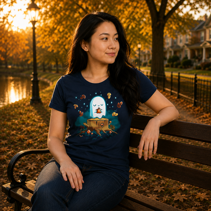 Premium Cotton T-shirt_TeeTurtle navy Autumn Apparition Premium Cotton T-shirt featuring a glowing ghost peacefully holding a pumpkin while floating above a tree stump surrounded by mushrooms, wildflowers, falling autumn leaves, and twinkling stars in a whimsical nighttime forest.