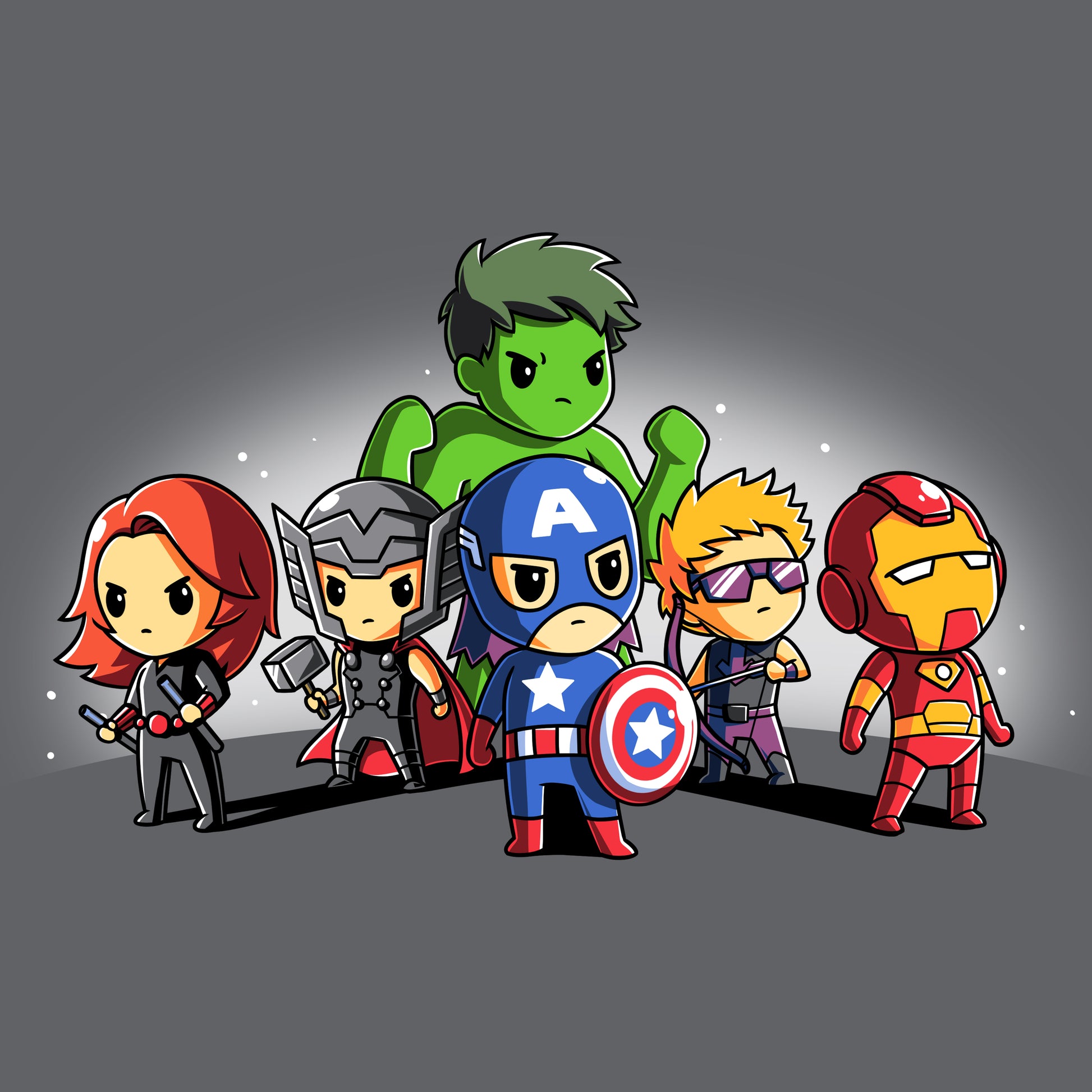A group of Avengers Assembled characters on a grey background featuring Hulk and Black Widow from Marvel.