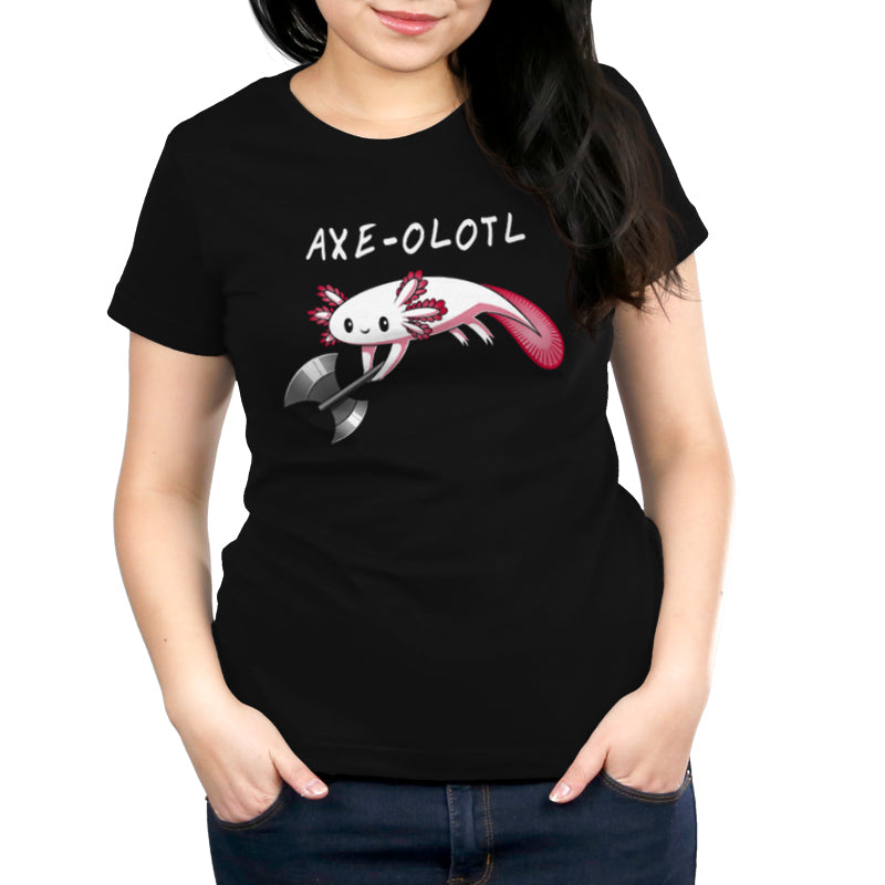 A woman wearing an Axe-olotl T-shirt by TeeTurtle with the word "joloa" on it.