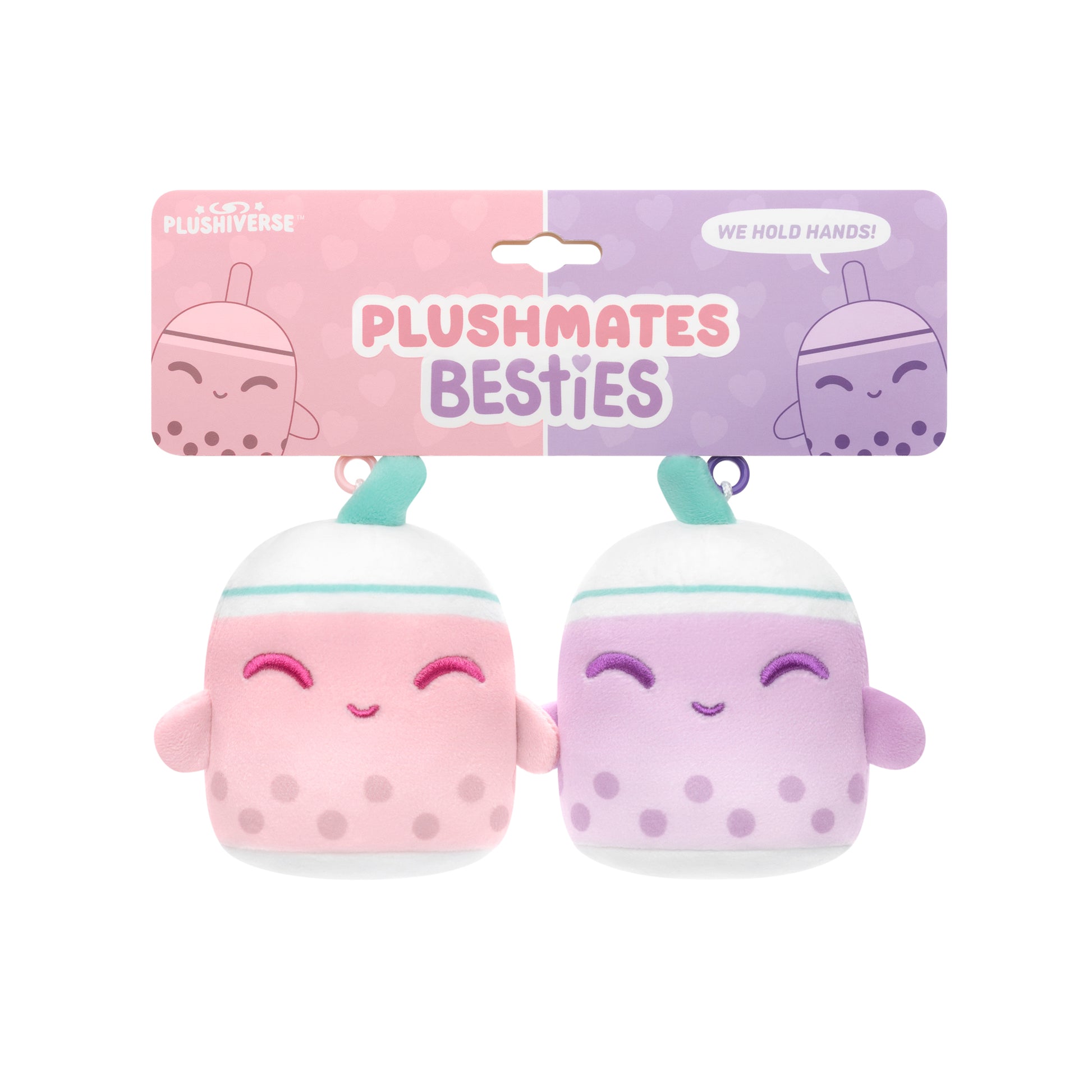 Two Pinkiverse Boba Buddies Plushmates Besties, perfect as Valentine's Day plushmates or bag charms in a TeeTurtle package.