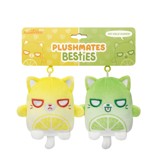 Two Plushiverse Sourpuss Plushmates Besties in a package with lemons on them, perfect as bag charms by TeeTurtle.