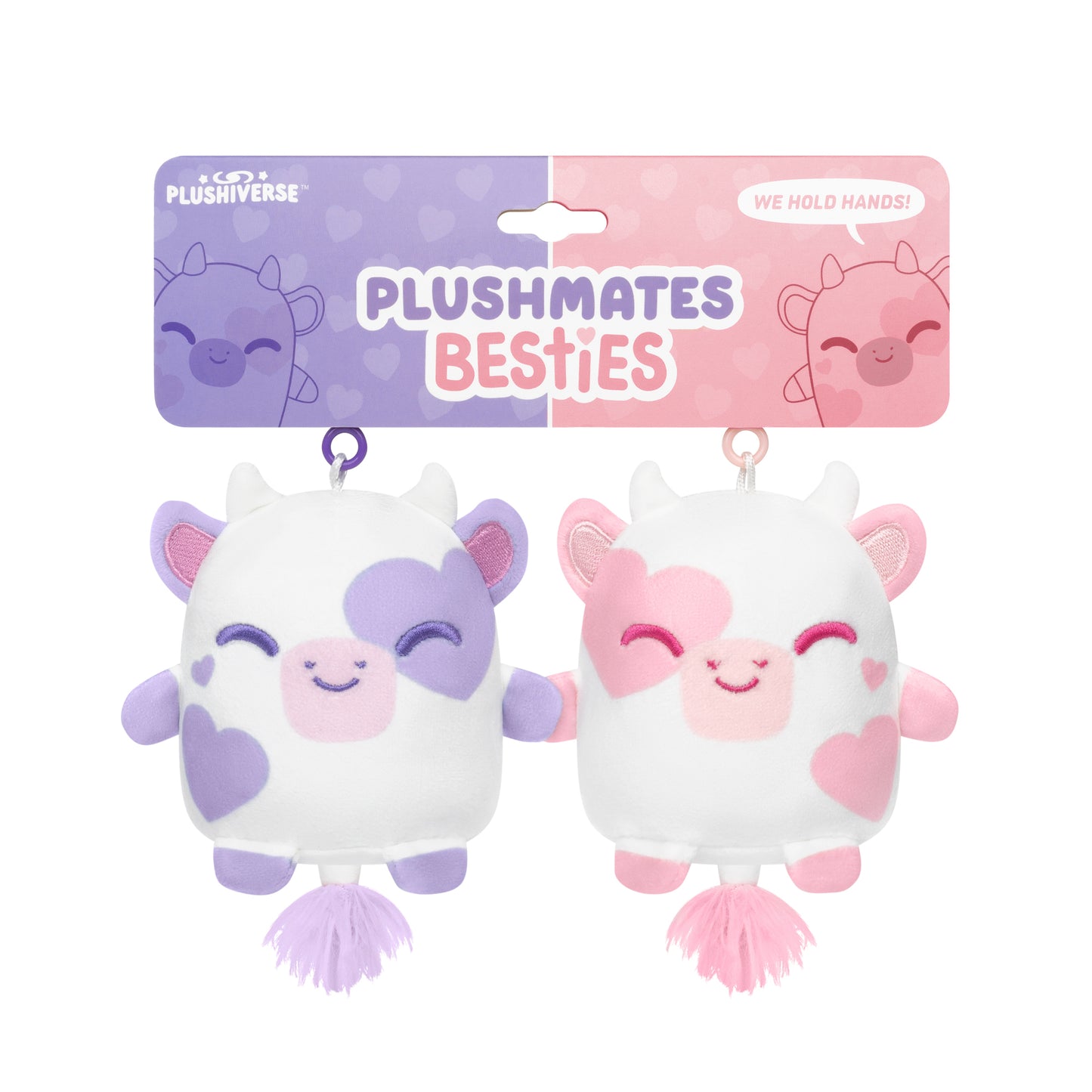 Two Plushiverse I Love Moo Plushmates Besties pink and white plush keychains with hearts on them, featuring magnetic hands for easy attachment from TeeTurtle.