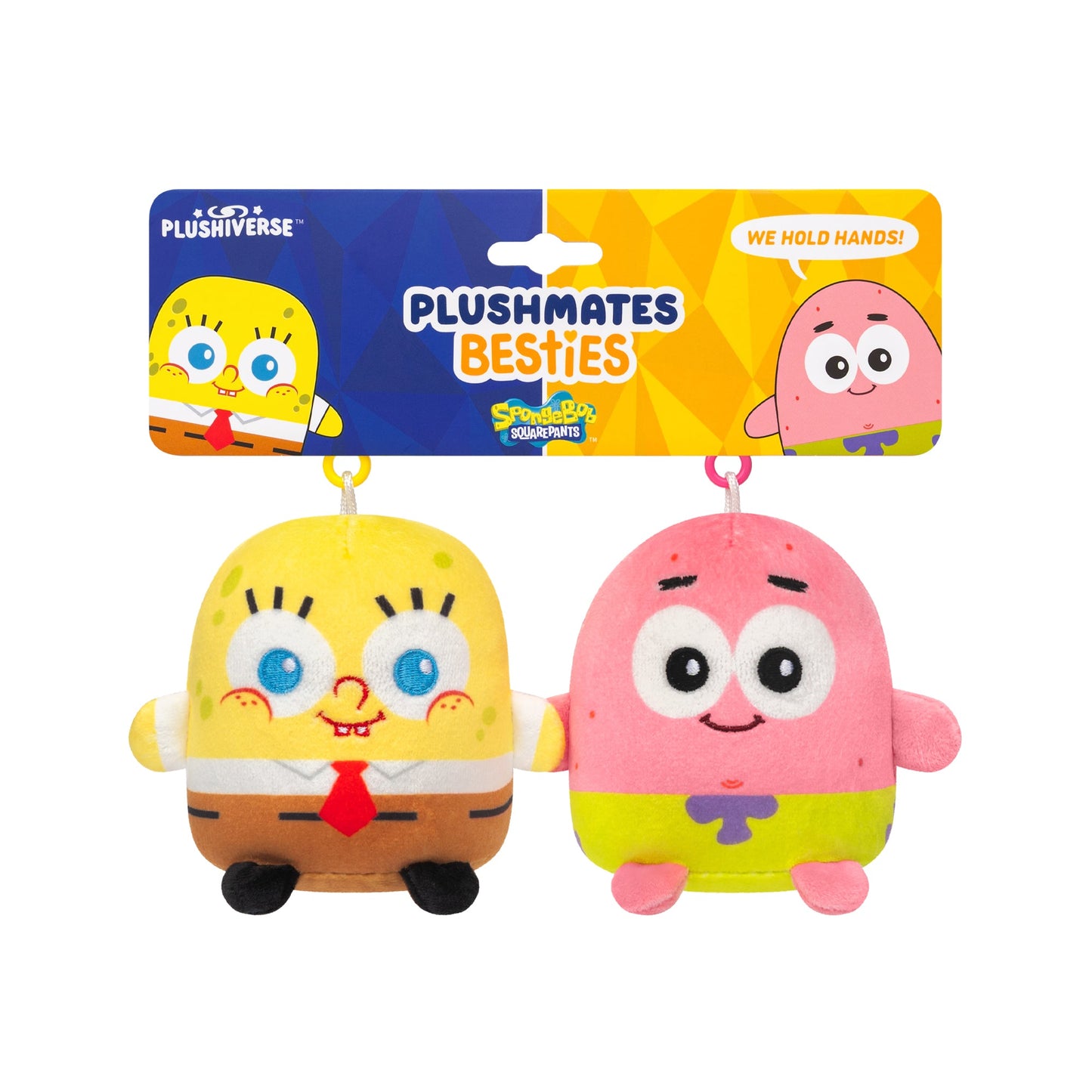 Two plush toys from Nickelodeon's "Plushiverse SpongeBob SquarePants and Patrick Star Plushmates Besties" collection, featuring a SpongeBob SquarePants lookalike and a friendly-faced pink companion. Their magnetic hands keep them joined, making these adorable plushie keychains perfect bag charms.