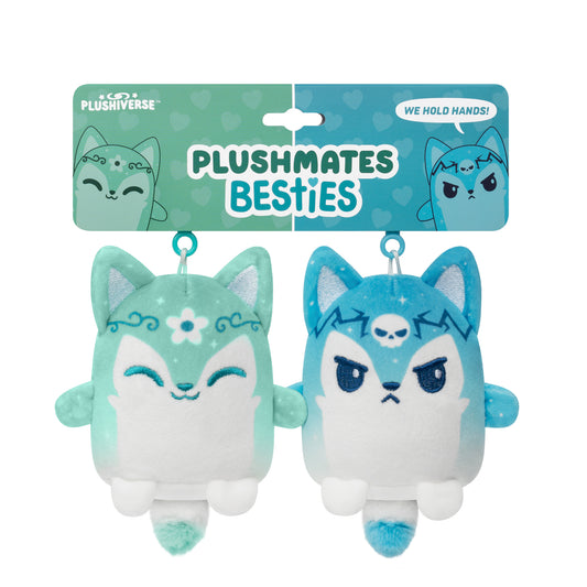 Two Plushiverse Blossom & Bone keychains featuring the words 'plushmates besties' by TeeTurtle.