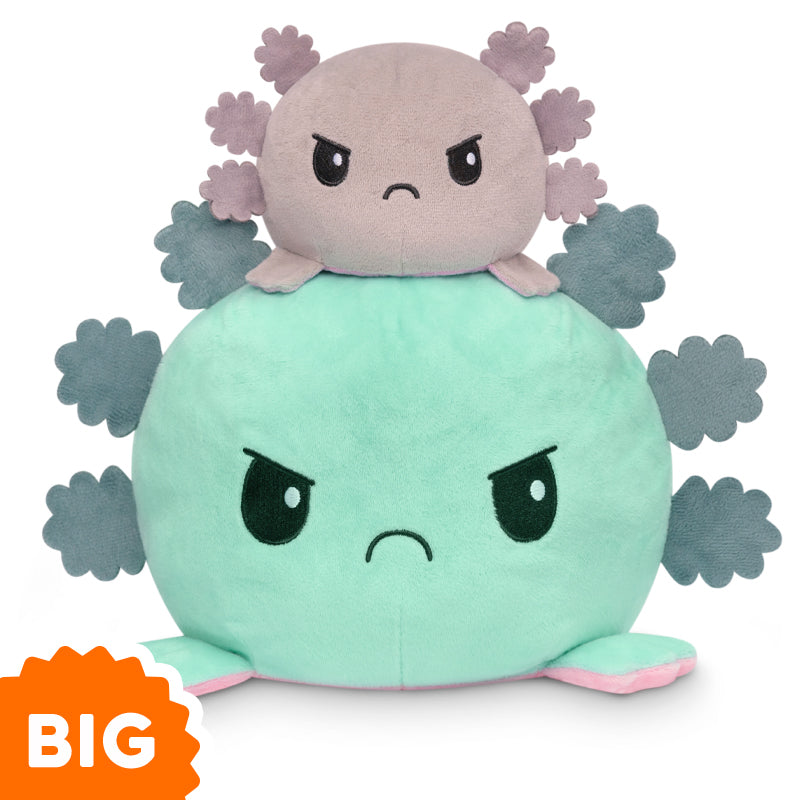 A TeeTurtle Big Reversible Axolotl Plushie (Aqua + Pink) is stacked on top of another reversible axolotl plushie.