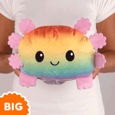 A woman is holding up a TeeTurtle Big Reversible Axolotl Plushie (Rainbow + Gray), creating a fun and cheerful mood with its rainbow shape.