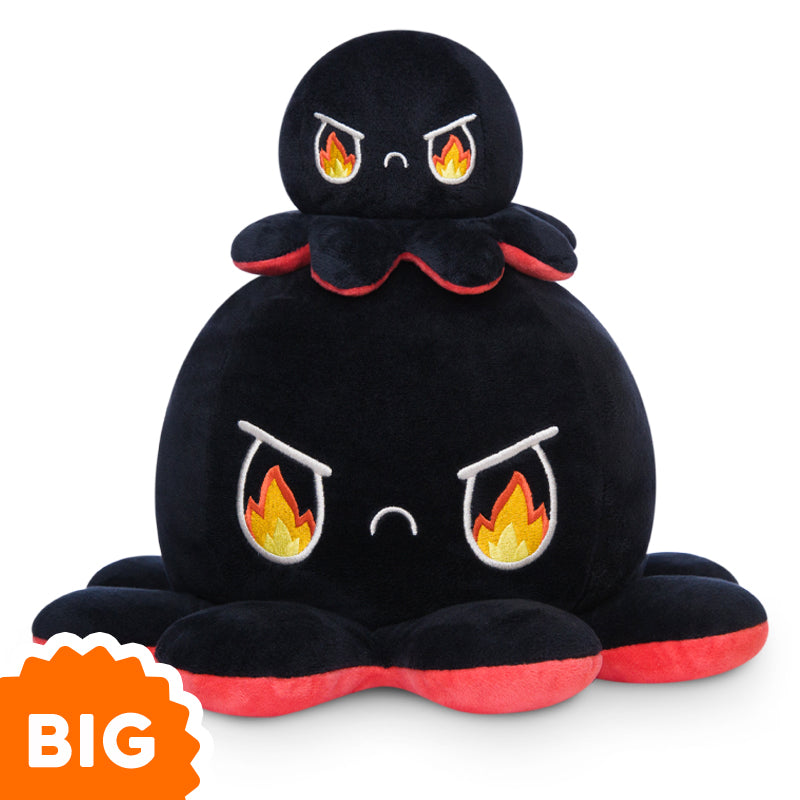 A TeeTurtle Big Reversible Octopus Plushie (Red + Black) with flames on it.