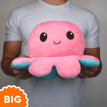 A man holding a TeeTurtle Big Reversible Octopus Plushie (Aqua + Pink).
