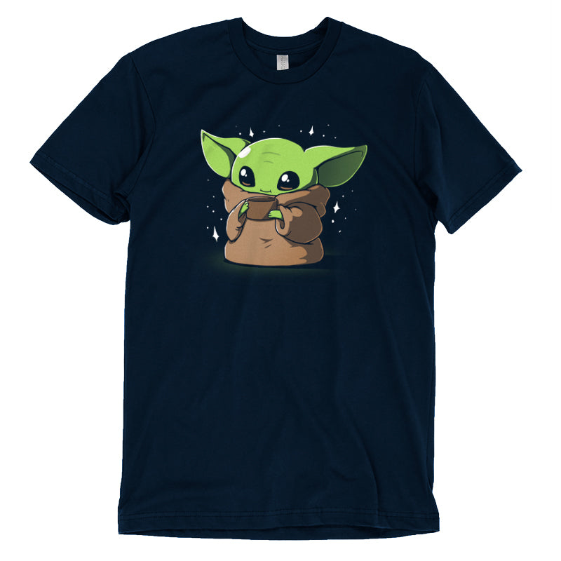 The licensed Star Wars Mandalorian Sipping Soup t-shirt featuring Grogu in navy.