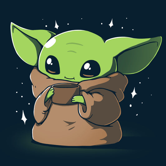Grogu, the officially licensed Baby Yoda, holding a cup of Sipping Soup from Star Wars on a men's t-shirt.