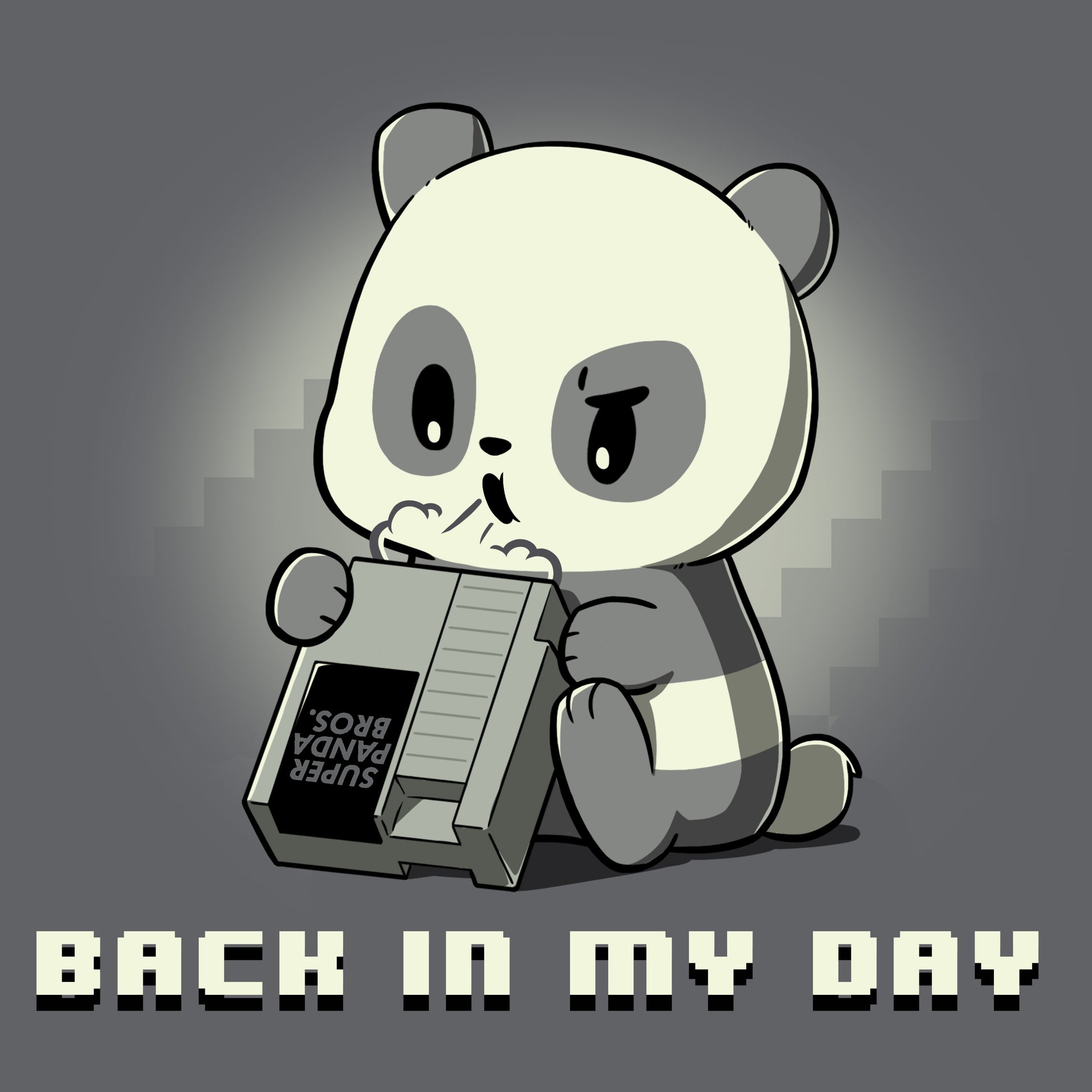 A panda bear holding a Teeturtle Back in My Day Nintendo game console on a charcoal gray TeeTurtle tee.