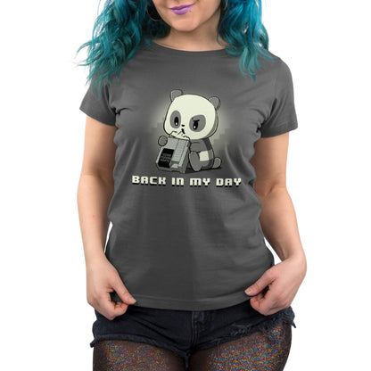 A charcoal gray panda bear wearing a t-shirt that says "Back in My Day" designed by TeeTurtle.