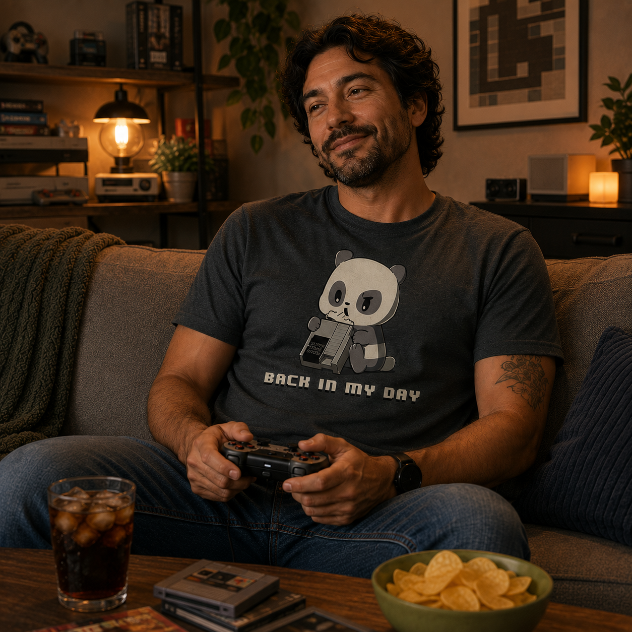 Premium Cotton T-shirt_A cartoon panda blows into an old video game cartridge labeled "Super Panda Bros." on a charcoal gray apparel. The text below reads "Back in my day." This monsterdigital "Back in My Day" original is perfect for the nostalgic video game technician.
