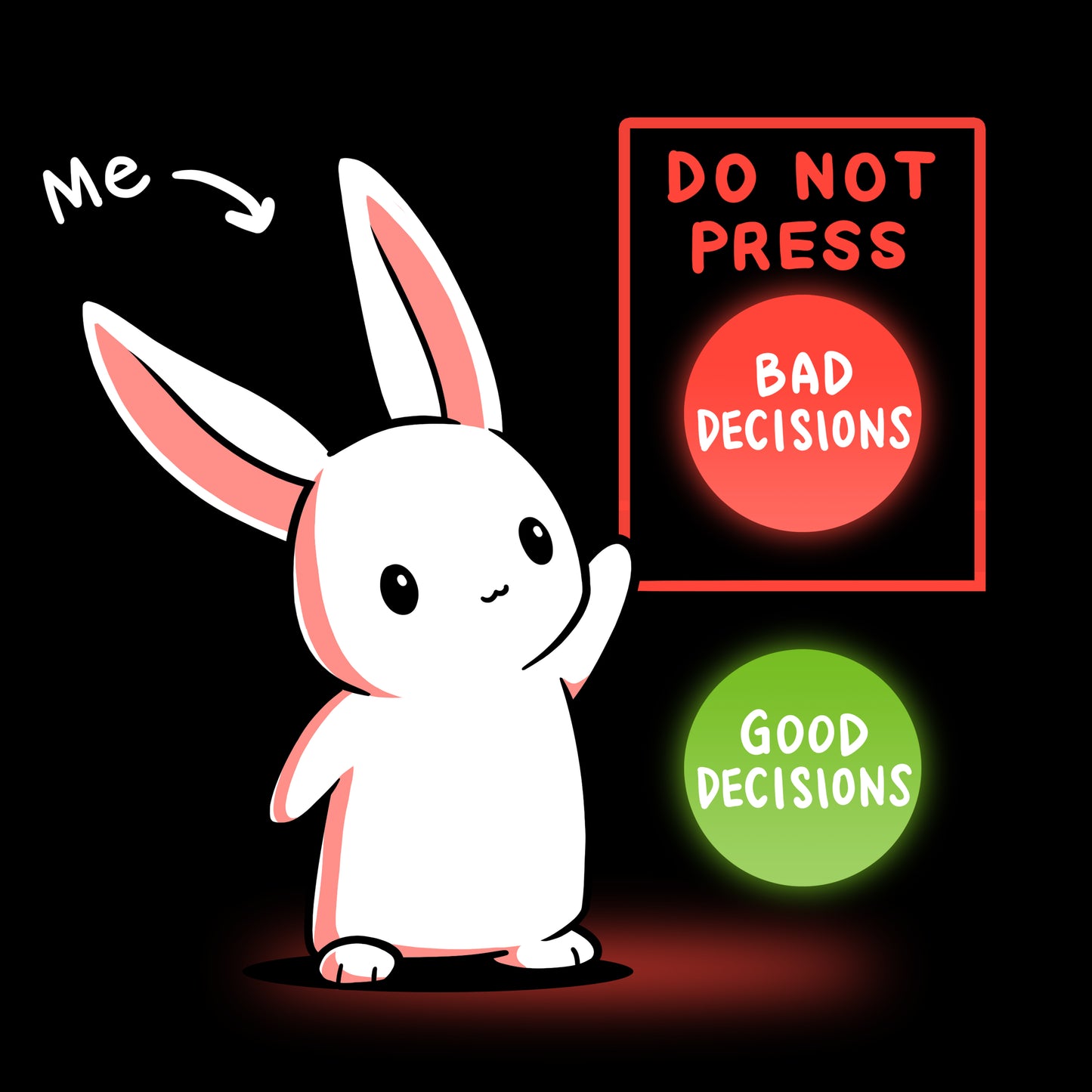 A TeeTurtle Bad Decision Bunny wearing a T-shirt warns against making bad life choices with a sign.