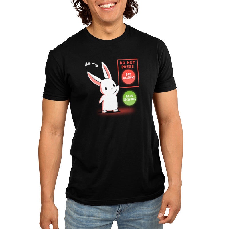 A man wearing a black T-shirt with the Bad Decision Bunny from TeeTurtle.