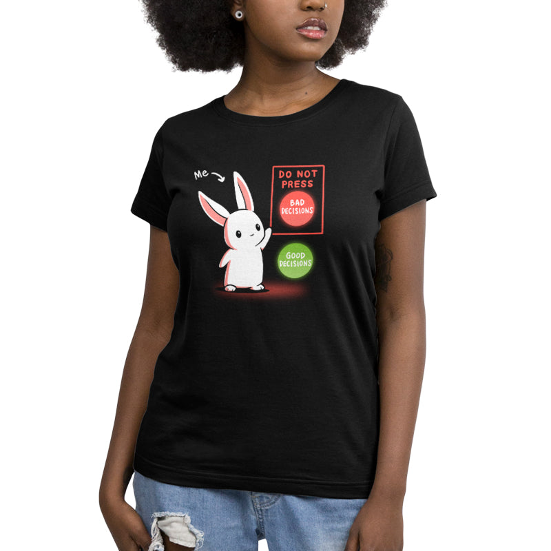 A woman wearing a TeeTurtle Bad Decision Bunny black t-shirt with an image of a rabbit.