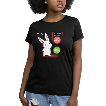 A woman wearing a TeeTurtle Bad Decision Bunny black t-shirt with an image of a rabbit.
